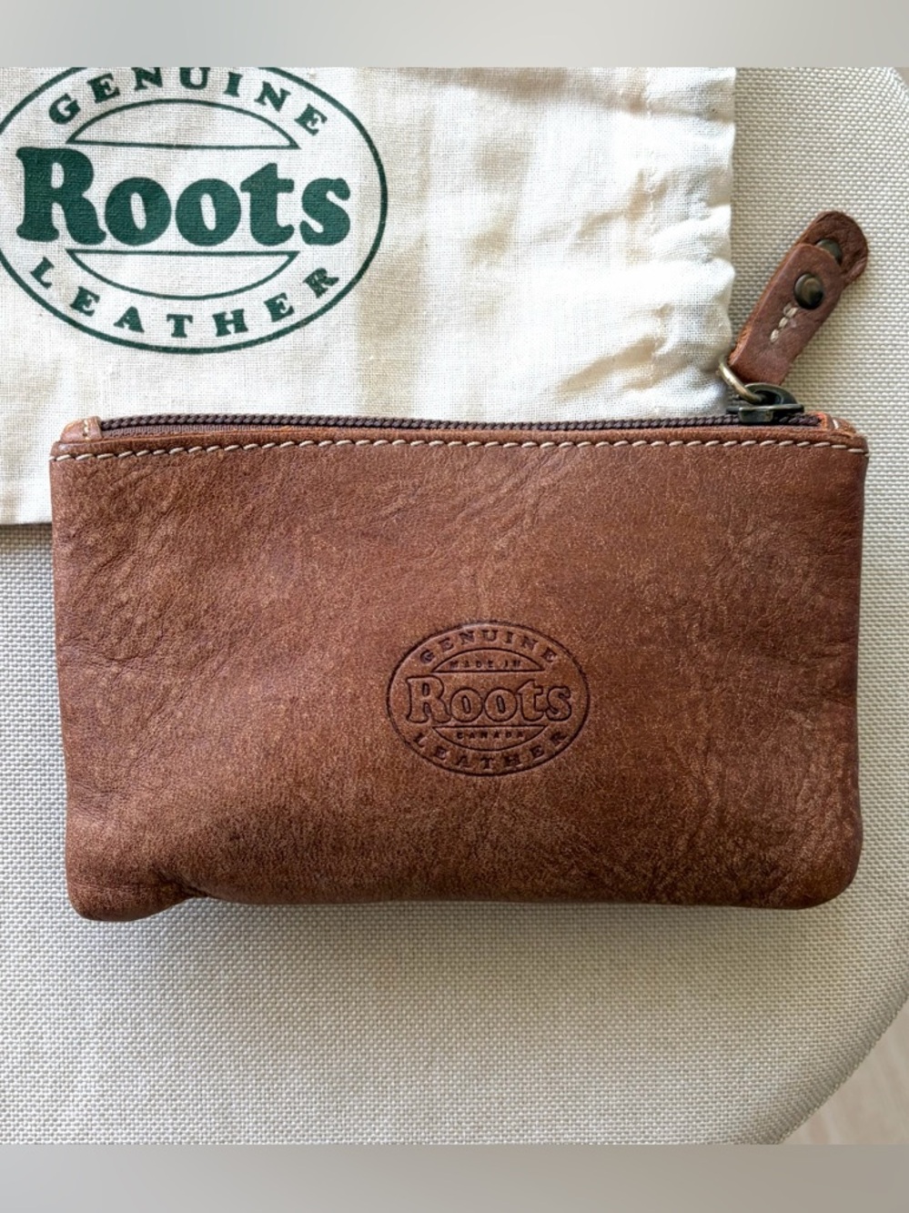Roots Brown Leather Zip Pouch Coin Purse Key Pouch Rustic Minimalist